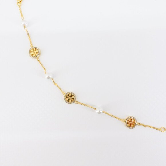 Tory Burch Crystal Logo & Imitation Pearl Station Bracelet Ivory/Tory Gold OS - Picture 5 of 16